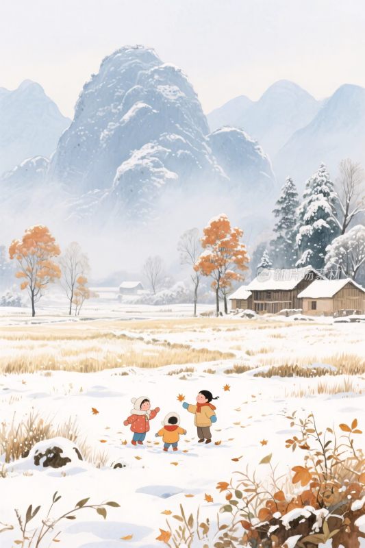 冬日乡村雪景插画