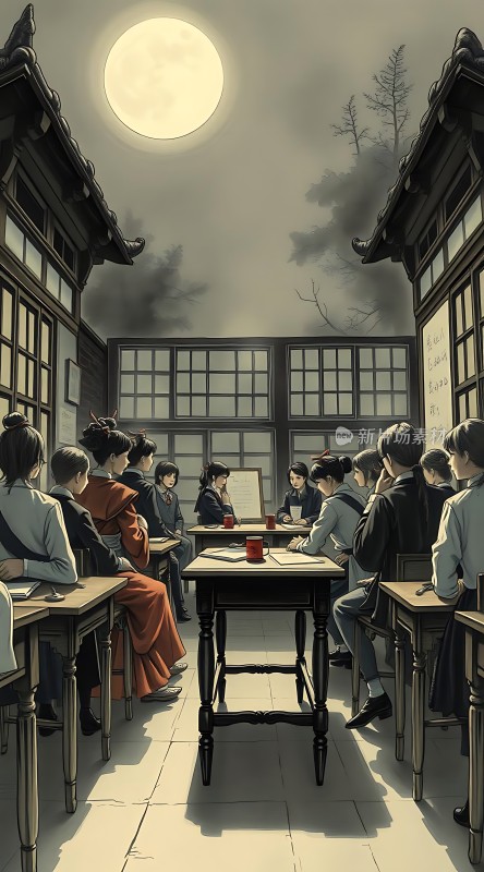 古风教室里的夜晚学习场景