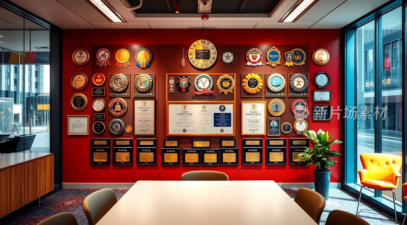 荣誉墙上的奖牌与证书展示公司成就
