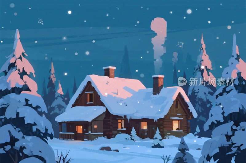 冬日雪景木屋插画