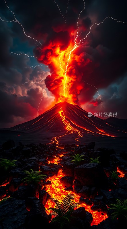 火山喷发熔岩与闪电交织的自然奇观