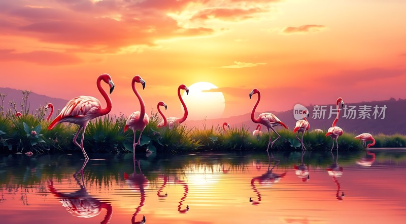 火红夕阳映照下的火烈鸟群