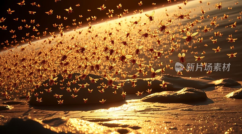 金色飞舞夕阳下的昆虫群