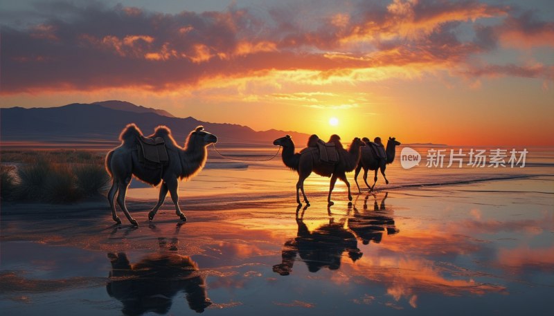 沙漠驼影夕阳下