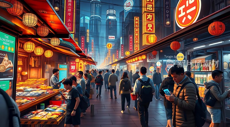 繁华夜市灯火辉煌热闹非凡