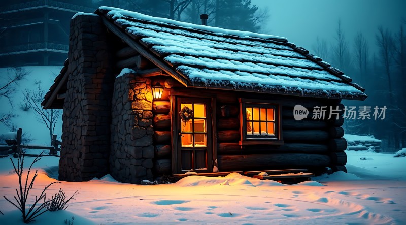 雪夜小木屋温馨灯光