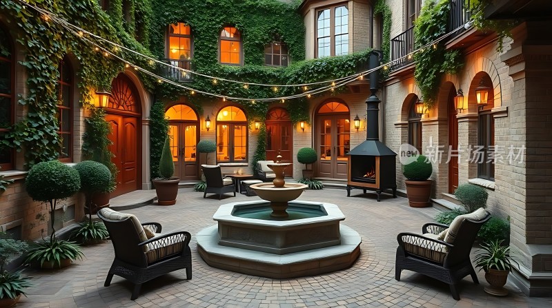 温馨庭院绿意盎然灯光璀璨舒适座椅环绕喷泉