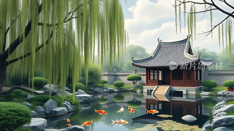 古亭垂柳映碧波