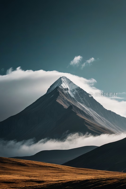 一座山上面天空一朵云高清图片