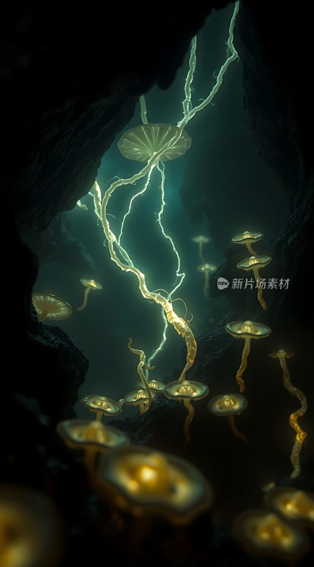 神秘洞穴中的发光蘑菇