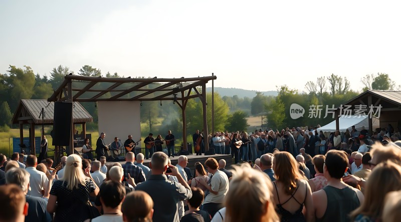 户外音乐会现场观众聚集聆听乐队演奏