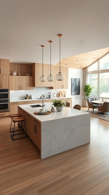 现代厨房设计木质橱柜与大理石台面相得益彰吊灯简约时尚自然光线充足