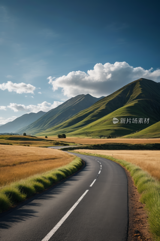 一条长长的路穿过一片山脉的田野风景图片