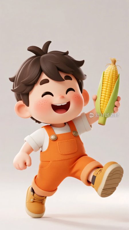 手持玉米奔跑的可爱小男孩