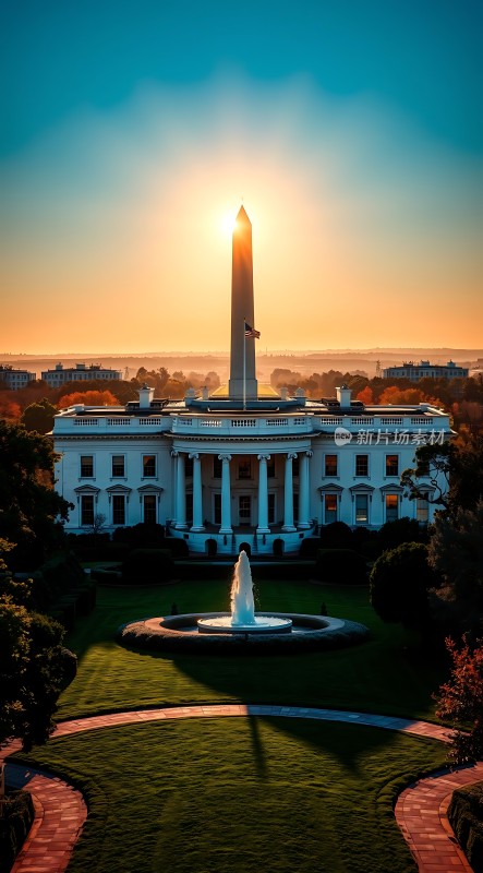 日落下的白宫与华盛顿纪念碑