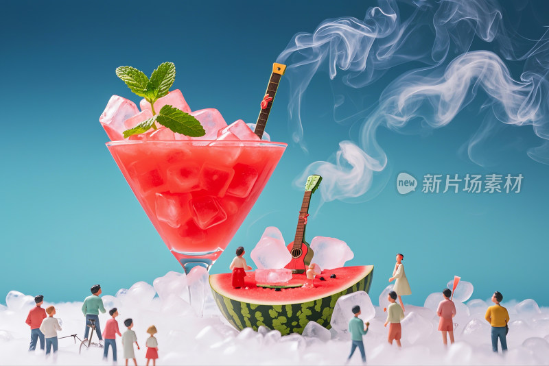 西瓜水果汁西瓜吉他微观小人摄影夏日冰封