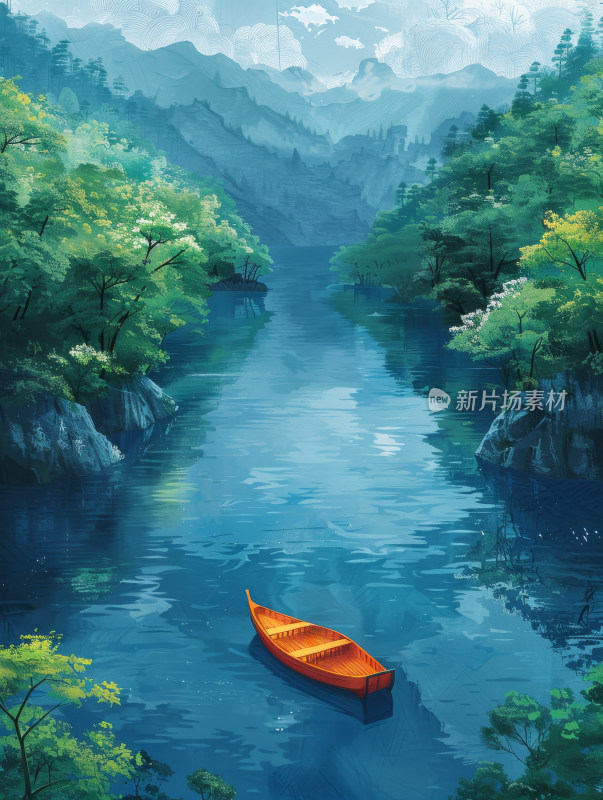 小船在绿树环绕的河流山水中