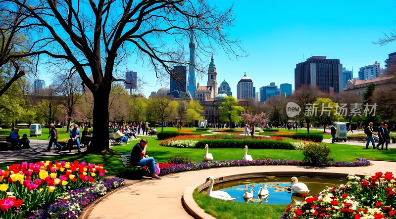 春日公园美景城市天际线下的悠闲时光