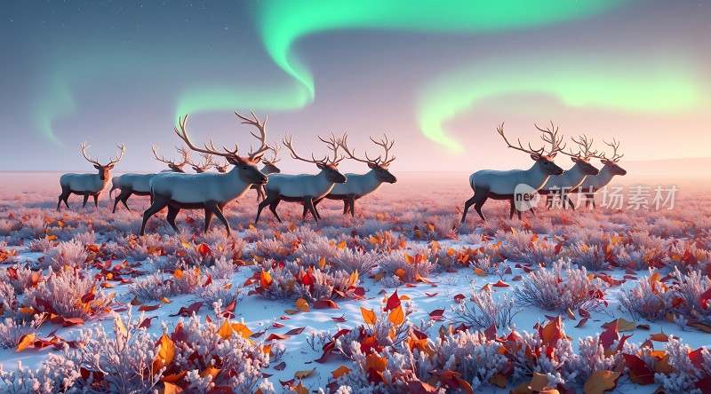 极光下的麋鹿群