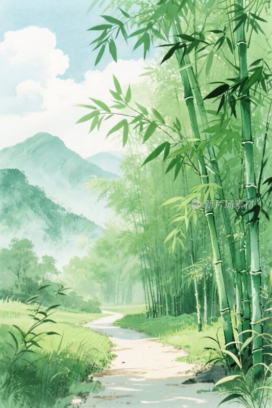 竹林山水风景插画