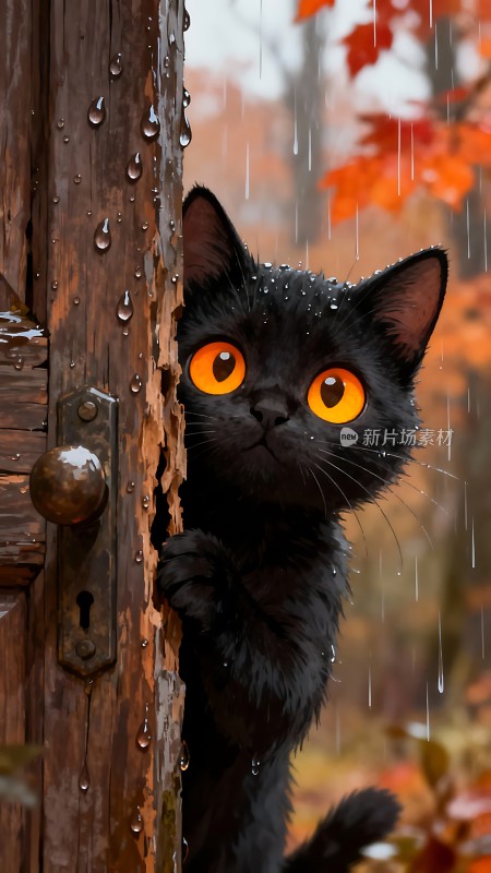 雨中黑猫探出头