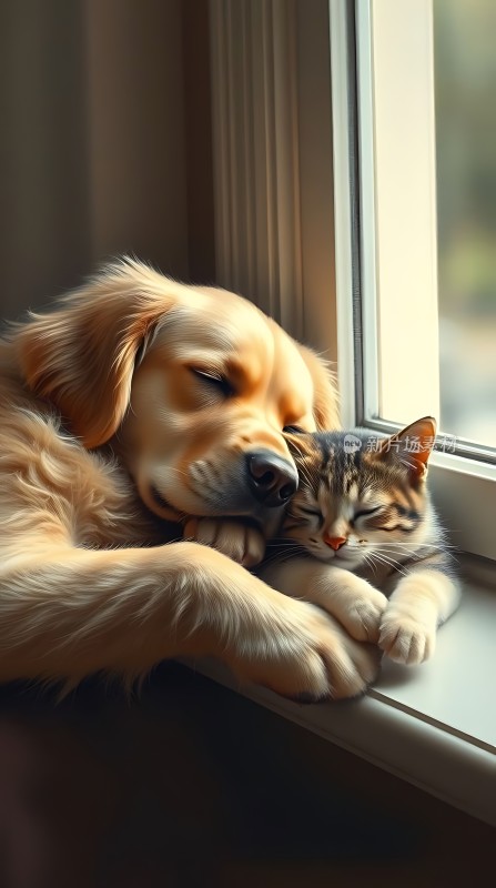 金毛犬与猫咪温馨依偎在窗边