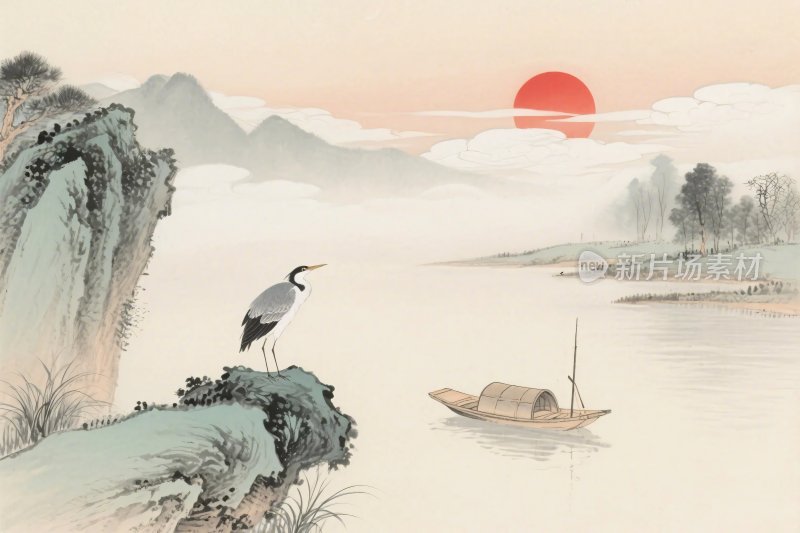 中式山水风景插画