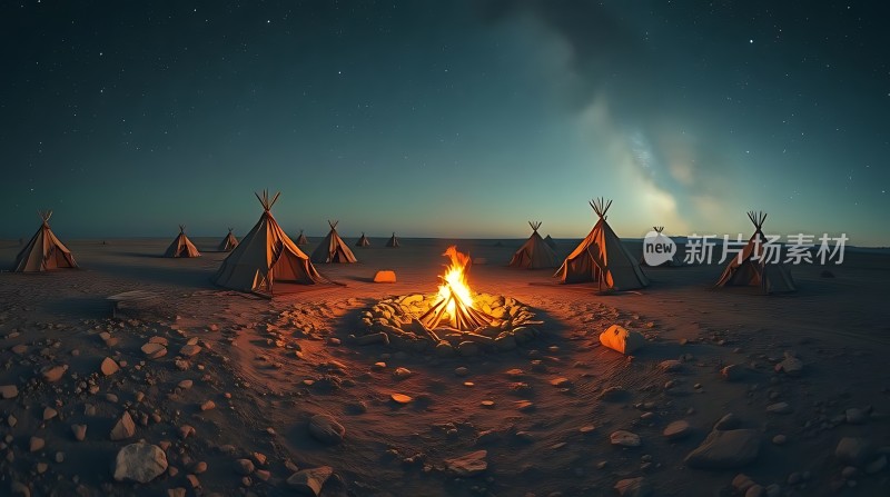 篝火旁的星空下的帐篷群