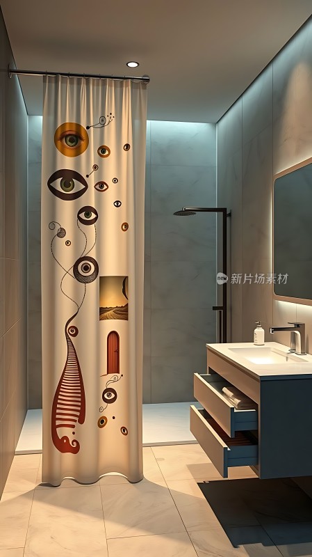 现代浴室设计艺术浴帘与简约洗手台