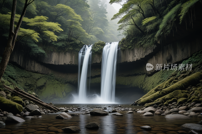 森林中央一座瀑布里面有岩石高清图片