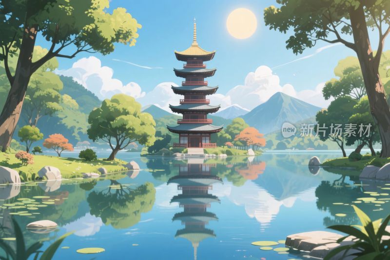 古风宝塔湖景插画