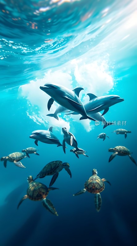 海豚与海龟共舞 underwater