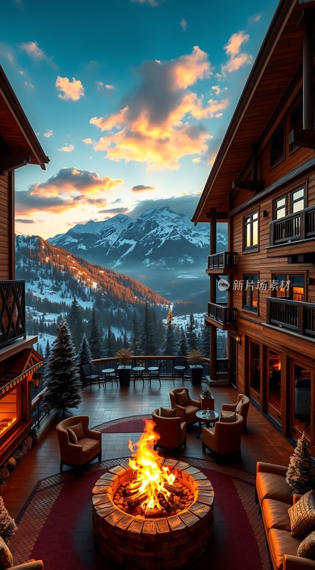 雪山下的木屋火坑休闲时光