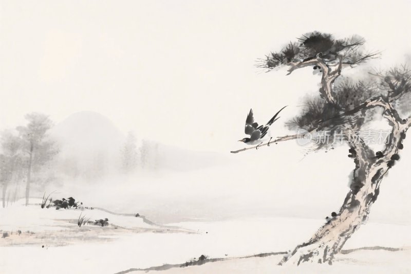 水墨山水飞鸟画