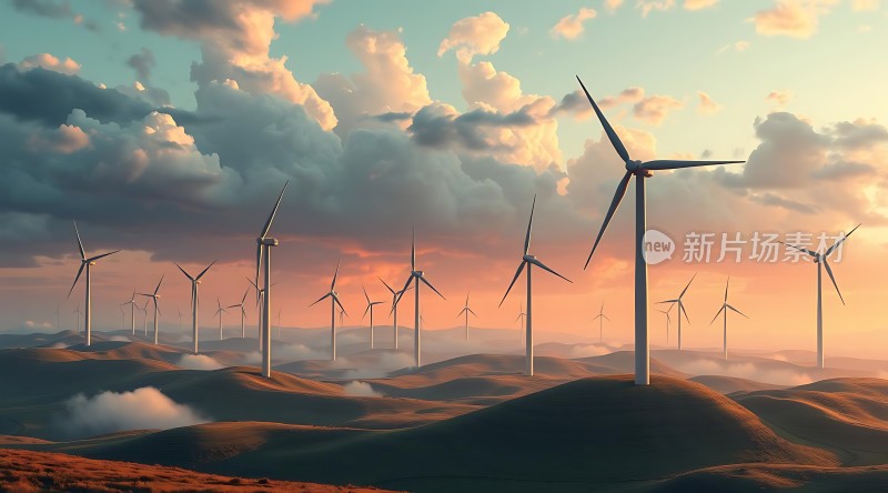 风车林立云雾缭绕日出日落映照大地