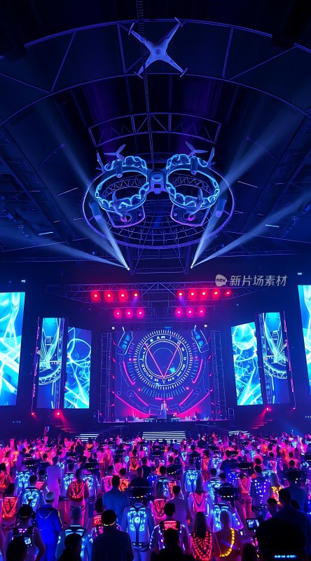 未来科技感音乐节现场观众与炫目灯光互动