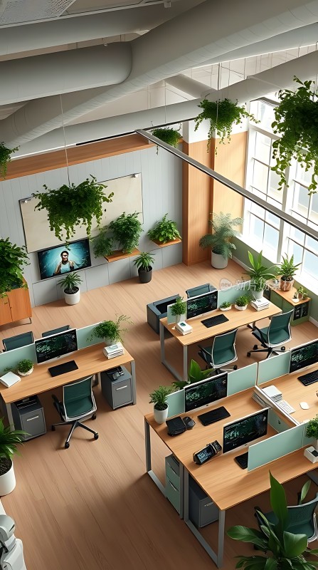 现代办公空间绿意盎然的工作环境