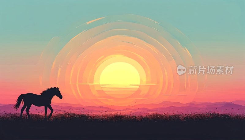 日出野马剪影图案