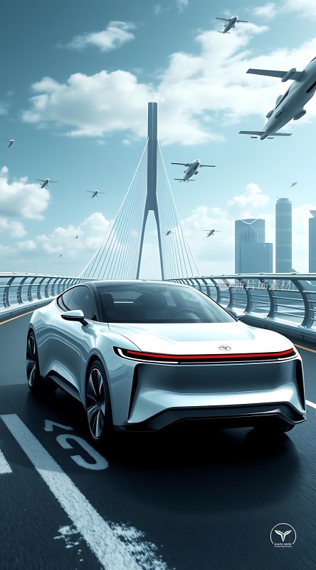 未来座驾白色智能汽车与城市天际线