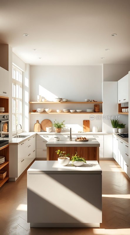 阳光洒满现代简约厨房绿植点缀清新自然