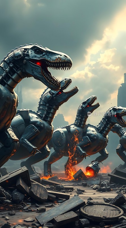 机械恐龙战火中的城市废墟