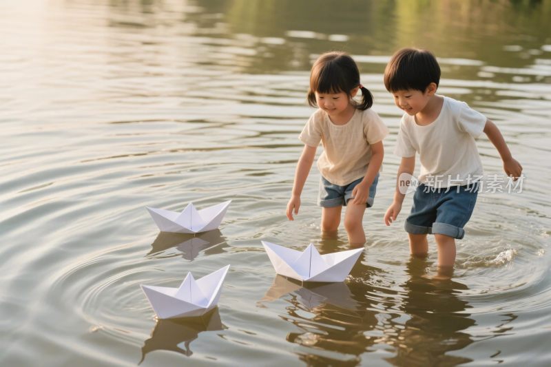 两个小孩玩纸船