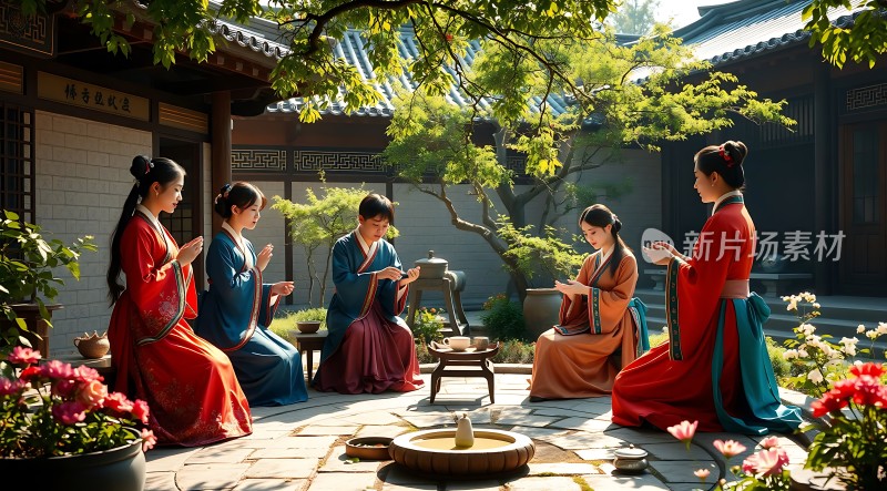 汉服佳人雅集品茗图