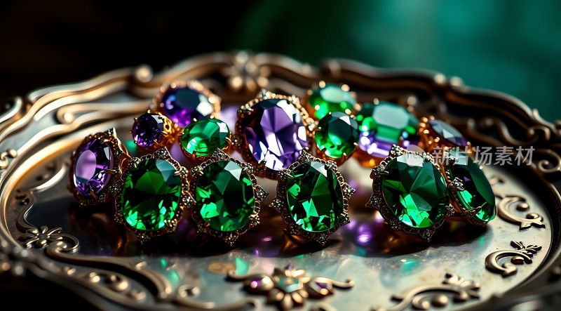 翠绿宝石与紫晶镶嵌在金色托盘上