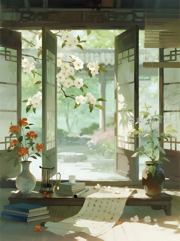 窗前花影映书卷书香伴花香