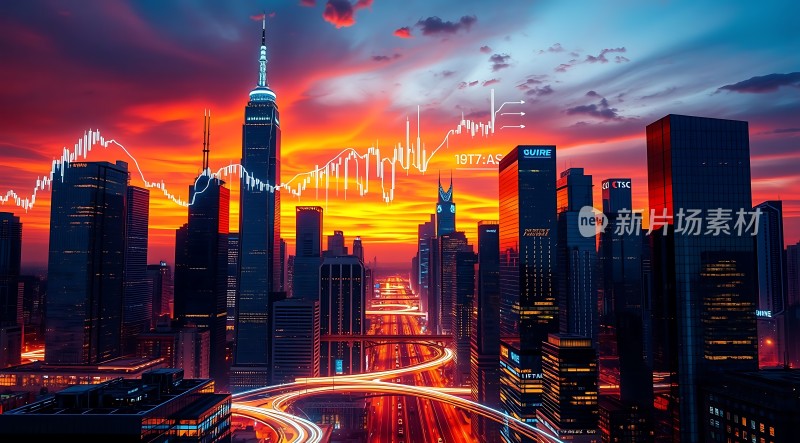 金融城日落摩天大楼与股票市场图表的结合