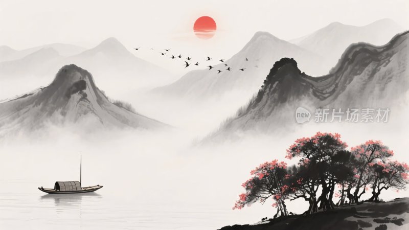 中式山水日出图