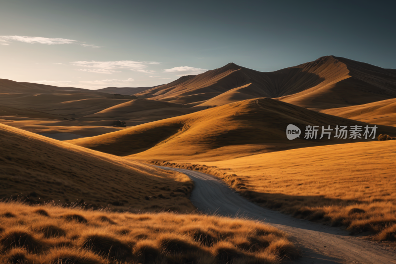 土路蜿蜒穿过一片草地山脉背景图片