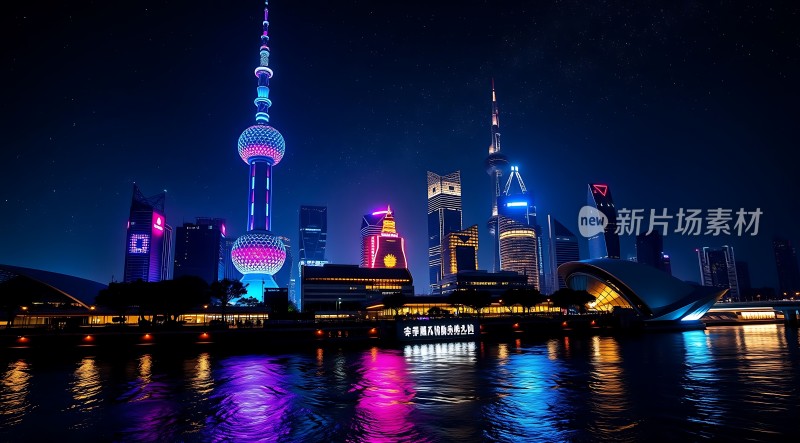 上海夜景灯光璀璨黄浦江畔繁华都市