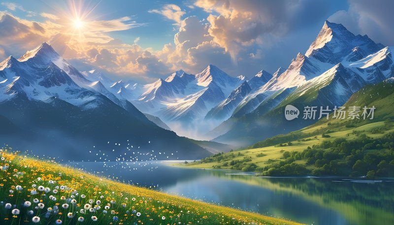 雪山下的宁静湖泊 雪山 湖泊 草地 鲜花